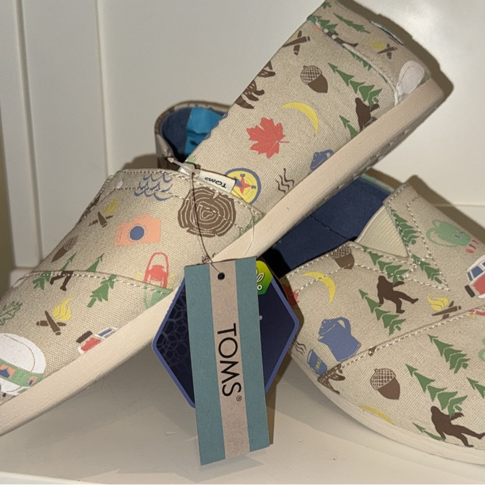 Women’s Toms Cream Flats with Camper Vibes ft.Bigfoot Nature-Inspired Print